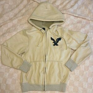Cream + Gray American Eagle Fur Zip Up Hoodie Size S